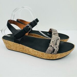 FitFlop Bon II Back-Strap Sandals. Cork sole. Snake-print front strap. Size 10.